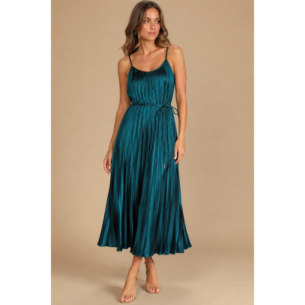 Bishop + Young Mara Pleated Satin Midi Dress Teal Jasmine Tie Waist NWT M